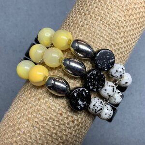 Bohemian Beaded Stretch Bracelet 7 In Triple Silver Yellow Cream Black White